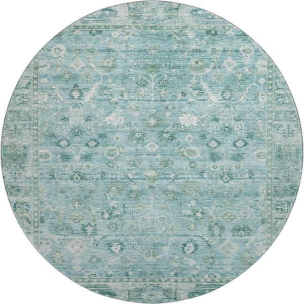 HomeRoots 8' Blue And Ivory Oriental Round Rug – Washable, UV-Protected, Soft Polyester for Family Spaces 700892