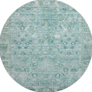 HomeRoots 8' Blue And Ivory Oriental Round Rug – Washable, UV-Protected, Soft Polyester for Family Spaces 700892