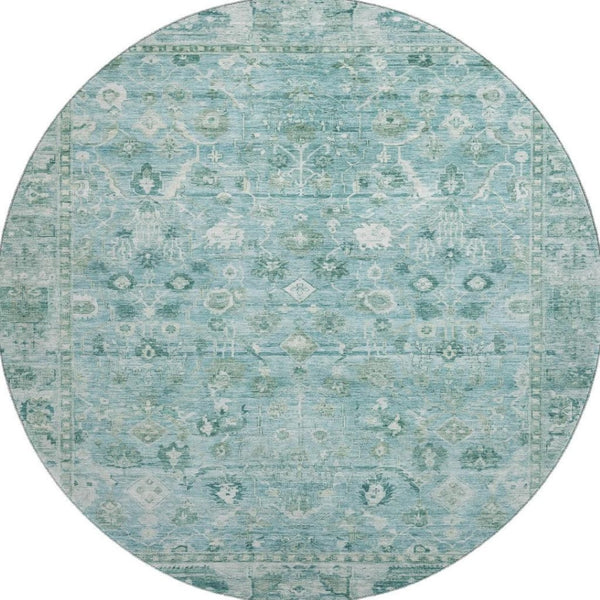 HomeRoots 8' Blue And Ivory Oriental Round Rug – Washable, UV-Protected, Soft Polyester for Family Spaces 700892