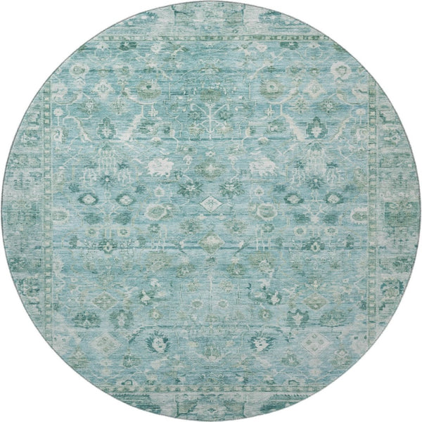 HomeRoots 8' Blue And Ivory Oriental Round Rug – Washable, UV-Protected, Soft Polyester for Family Spaces 700892