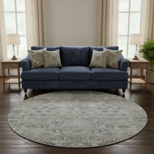 HomeRoots 8' Elegant Pewter and Ivory Oriental Round Rug - Washable, UV Protected, Stain Resistant Design 700898