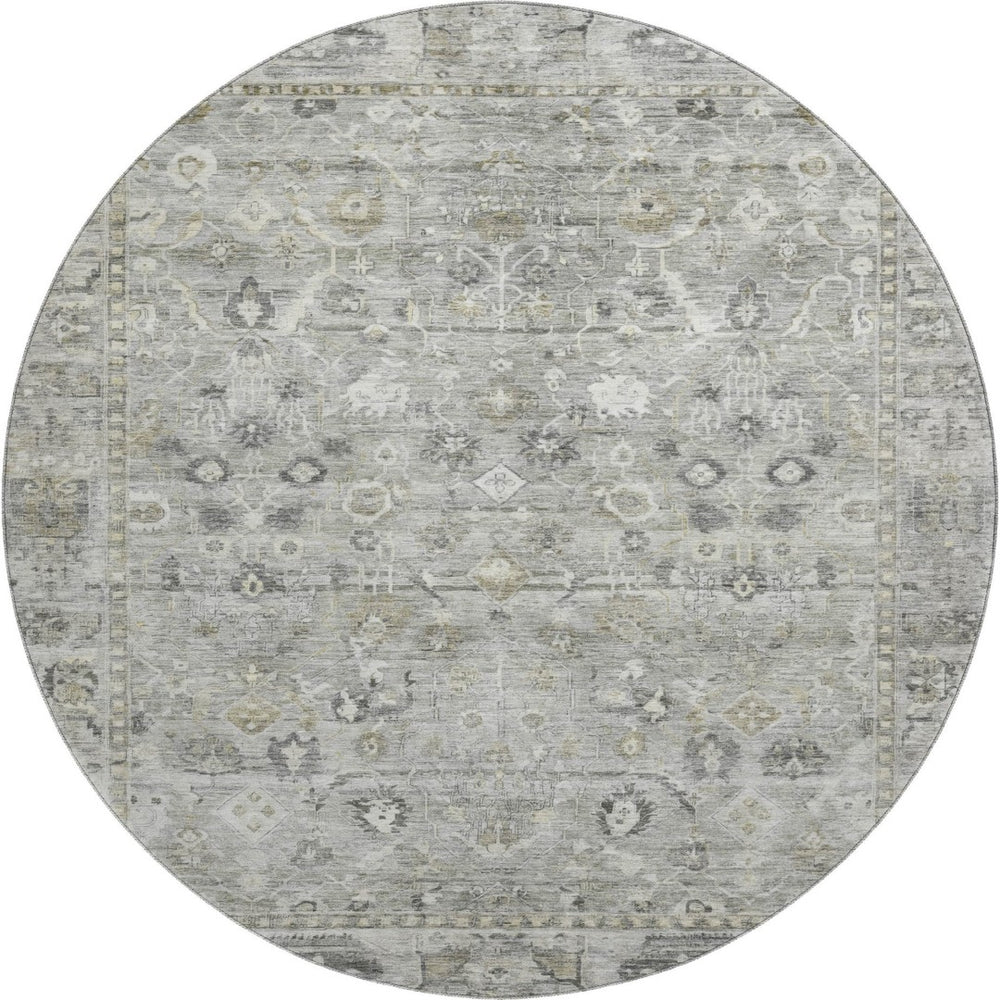 HomeRoots 8' Elegant Pewter and Ivory Oriental Round Rug - Washable, UV Protected, Stain Resistant Design 700898