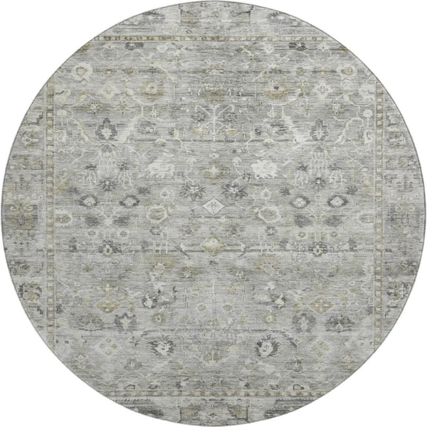 HomeRoots 8' Elegant Pewter and Ivory Oriental Round Rug - Washable, UV Protected, Stain Resistant Design 700898