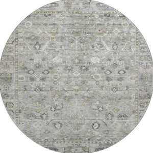 HomeRoots 8' Elegant Pewter and Ivory Oriental Round Rug - Washable, UV Protected, Stain Resistant Design 700898