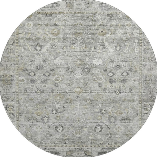 HomeRoots 8' Elegant Pewter and Ivory Oriental Round Rug - Washable, UV Protected, Stain Resistant Design 700898