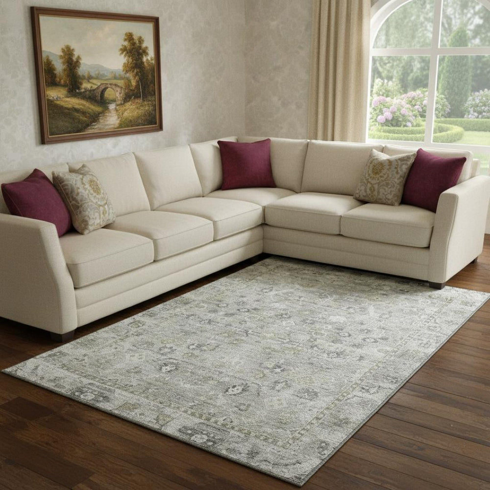 HomeRoots 8' X 10' Pewter & Ivory Oriental Area Rug - Washable, UV Protected, Non-Slip, Perfect for Families! 700899