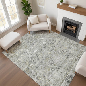 HomeRoots 9' X 12' Washable Pewter and Ivory Oriental Area Rug with UV Protection for High-Traffic Spaces 700900