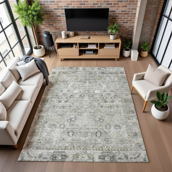 HomeRoots 9' X 12' Washable Pewter and Ivory Oriental Area Rug with UV Protection for High-Traffic Spaces 700900