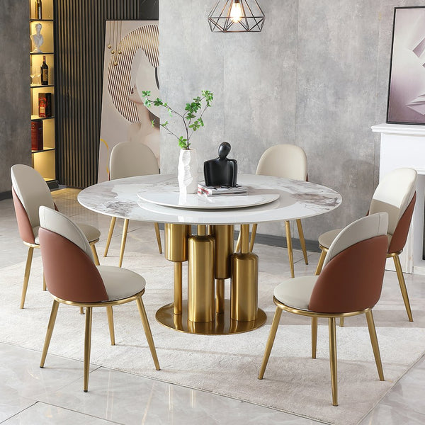 English Elm Modern Marble Dining Table with 59" Sintered Stone Top, 360° Lazy Susan, Durable Stain-Resistant Finish Gold,White W2699S00011
