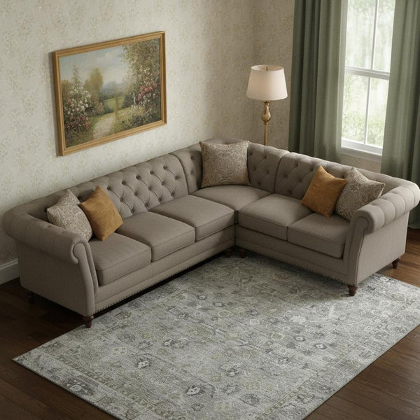 HomeRoots 10' X 14' Elegant Pewter and Ivory Oriental Washable Area Rug with UV Protection for High-Traffic Spaces 700901