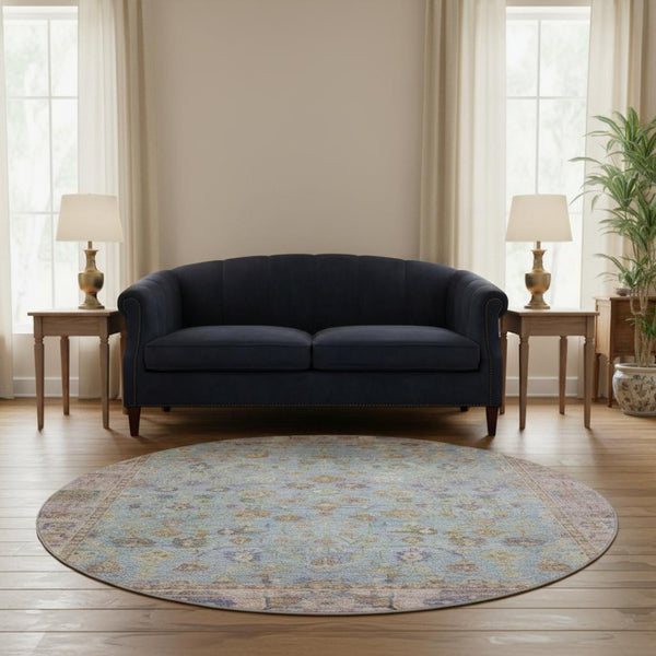 HomeRoots 8' Pale Aqua and Lavender Oriental Round Rug - Washable, UV Protected, Stain Resistant Elegance 700910