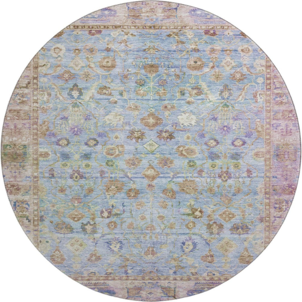 HomeRoots 8' Pale Aqua and Lavender Oriental Round Rug - Washable, UV Protected, Stain Resistant Elegance 700910