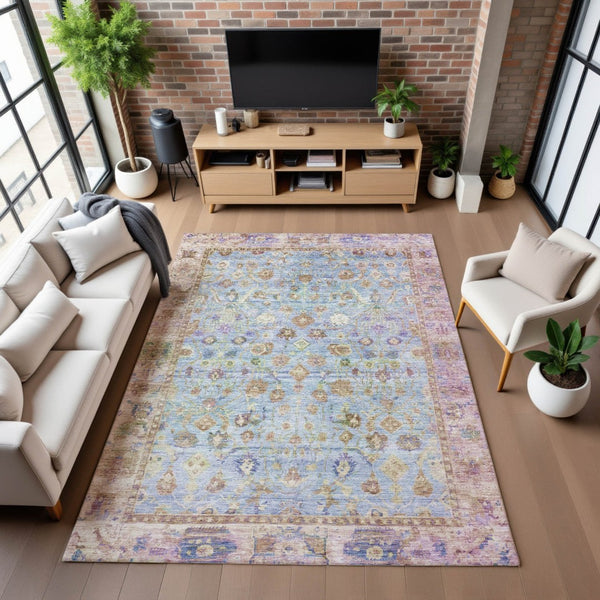 HomeRoots 9' X 12' Pale Aqua & Lavender Oriental Washable Area Rug - Durable, Stain Resistant, UV Protected! 700912