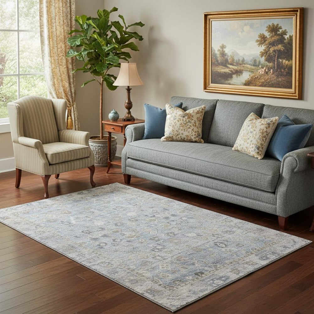 HomeRoots 5' X 8' Sky Blue & Ivory Oriental Washable Area Rug - Elegant, Durable, UV Protected for Busy Homes 700915