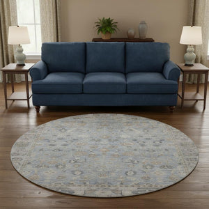 HomeRoots 8' Sky Blue And Ivory Oriental Round Rug - Stylish, Durable, Stain-Resistant with UV Protection! 700916