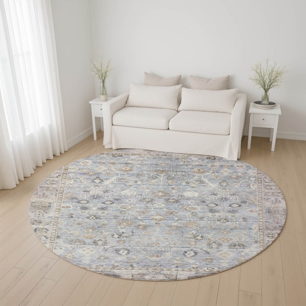 HomeRoots 8' Sky Blue And Ivory Oriental Round Rug - Stylish, Durable, Stain-Resistant with UV Protection! 700916