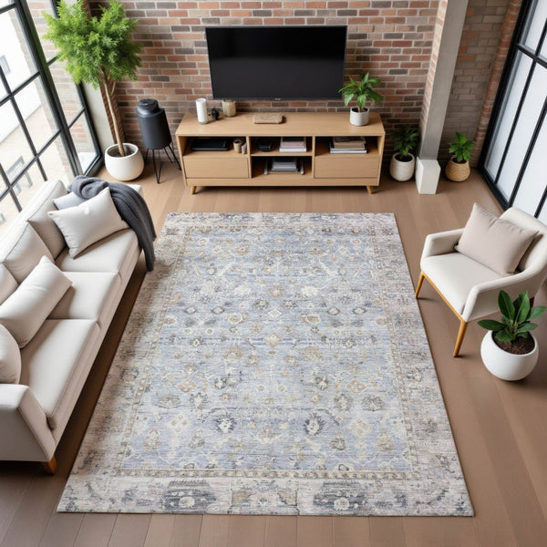 HomeRoots 10' Sky Blue and Ivory Oriental Area Rug - Washable, UV Protected, Stain Resistant for High-Traffic Spaces 700919