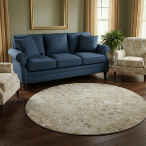 HomeRoots 8' Taupe and Beige Oriental Round Rug with UV Protection - Durable, Washable, and Stylish Home Accent 700922