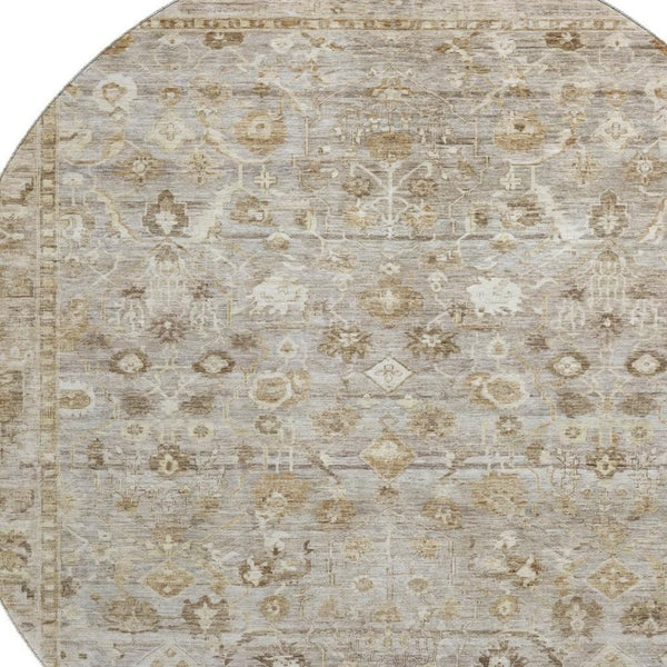HomeRoots 8' Taupe and Beige Oriental Round Rug with UV Protection - Durable, Washable, and Stylish Home Accent 700922