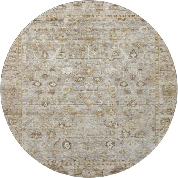 HomeRoots 8' Taupe and Beige Oriental Round Rug with UV Protection - Durable, Washable, and Stylish Home Accent 700922
