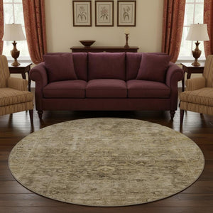 HomeRoots 8' Brown and Beige Oriental Round Rug - Washable, UV Protected, Non-Slip, Perfect for Busy Homes! 700928