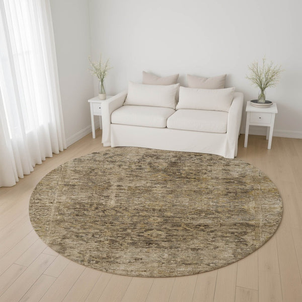 HomeRoots 8' Brown and Beige Oriental Round Rug - Washable, UV Protected, Non-Slip, Perfect for Busy Homes! 700928