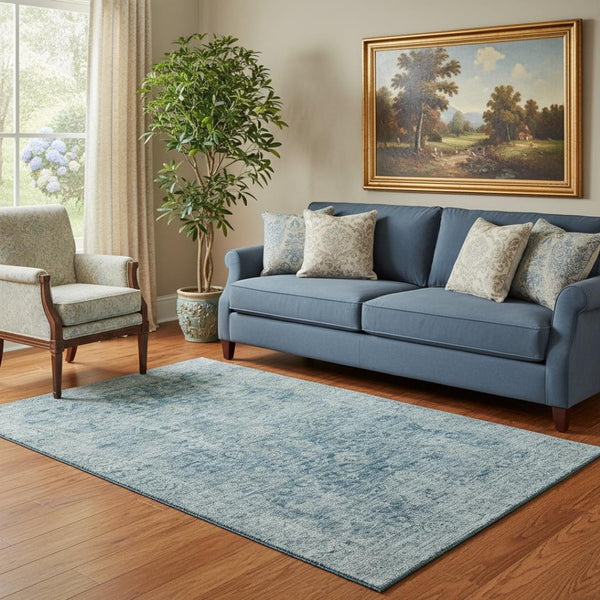 HomeRoots 5' Blue and Gray Oriental Washable Area Rug - Durable, UV Protected, Stylish for Every Room! 700933