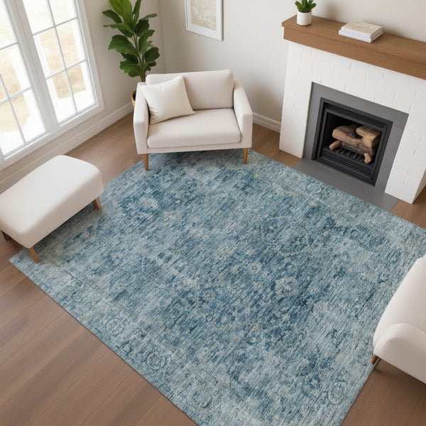 HomeRoots 5' Blue and Gray Oriental Washable Area Rug - Durable, UV Protected, Stylish for Every Room! 700933