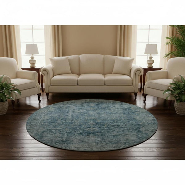 HomeRoots 8' Blue and Gray Oriental Washable Round Rug – Stylish, Durable, Stain-Resistant with UV Protection 700934