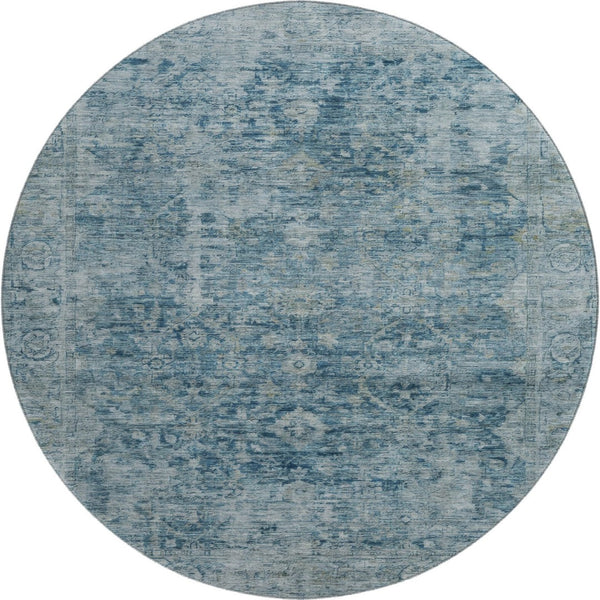 HomeRoots 8' Blue and Gray Oriental Washable Round Rug – Stylish, Durable, Stain-Resistant with UV Protection 700934