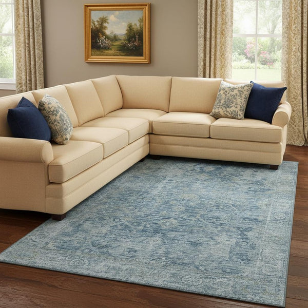 HomeRoots 8' X 10' Blue and Gray Oriental Area Rug – Washable, UV Protected, Durable for Homes with Kids & Pets 700935