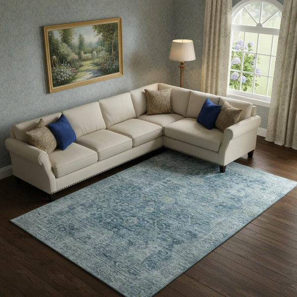 HomeRoots 10' Blue and Gray Oriental Washable Area Rug - UV Protected, Durable, Stain-Resistant for Families 700937