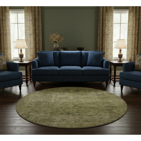 HomeRoots 8' Elegant Green and Gold Oriental Washable Round Rug - Stain-Resistant with UV Protection! 700940