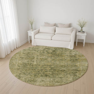 HomeRoots 8' Elegant Green and Gold Oriental Washable Round Rug - Stain-Resistant with UV Protection! 700940