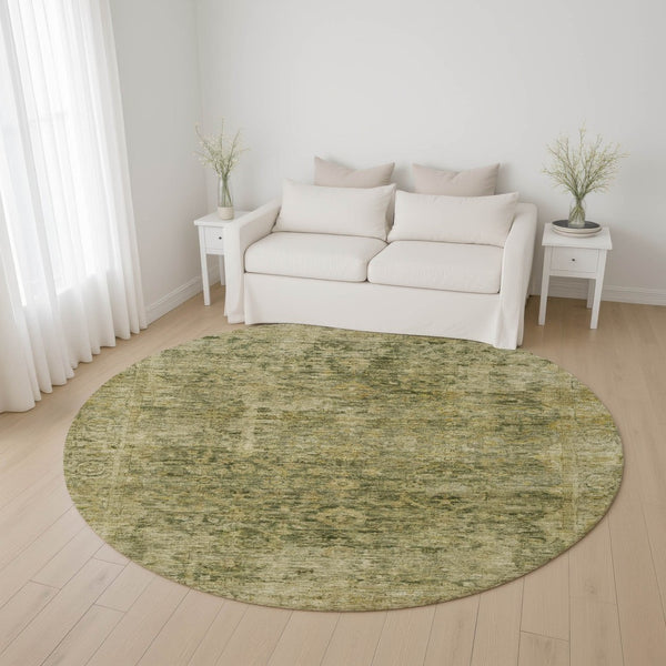 HomeRoots 8' Elegant Green and Gold Oriental Washable Round Rug - Stain-Resistant with UV Protection! 700940