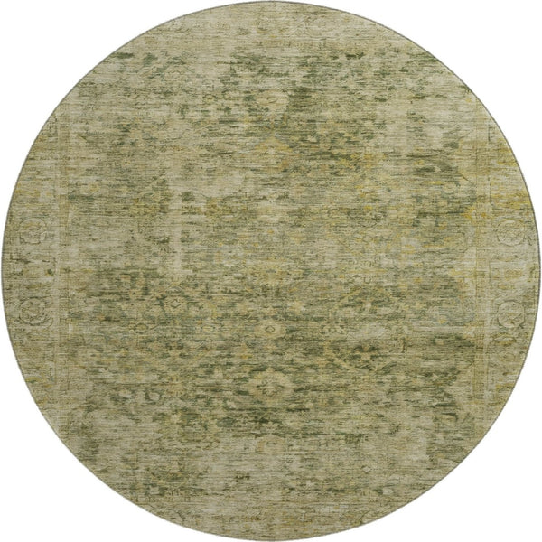HomeRoots 8' Elegant Green and Gold Oriental Washable Round Rug - Stain-Resistant with UV Protection! 700940
