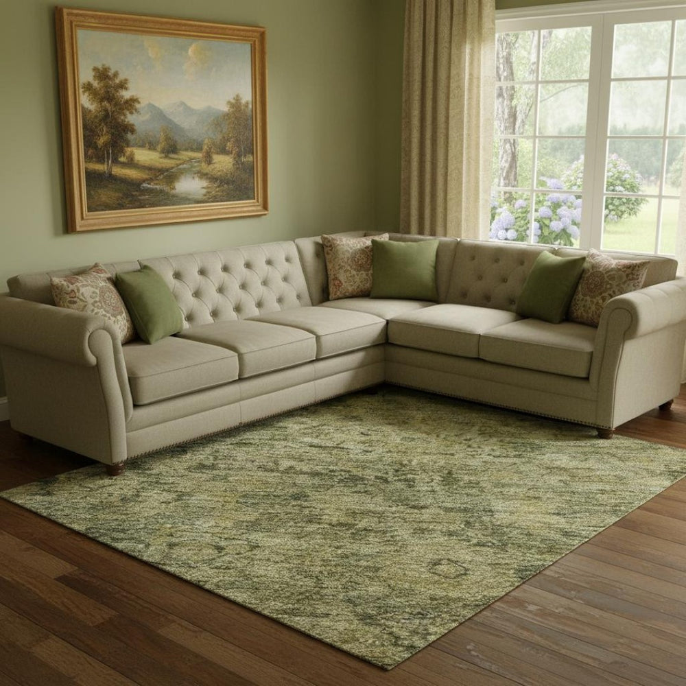 HomeRoots 8' X 10' Elegant Green and Gold Oriental Washable Area Rug with UV Protection for Busy Homes 700941