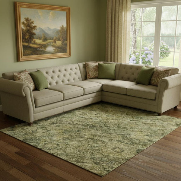 HomeRoots 8' X 10' Elegant Green and Gold Oriental Washable Area Rug with UV Protection for Busy Homes 700941