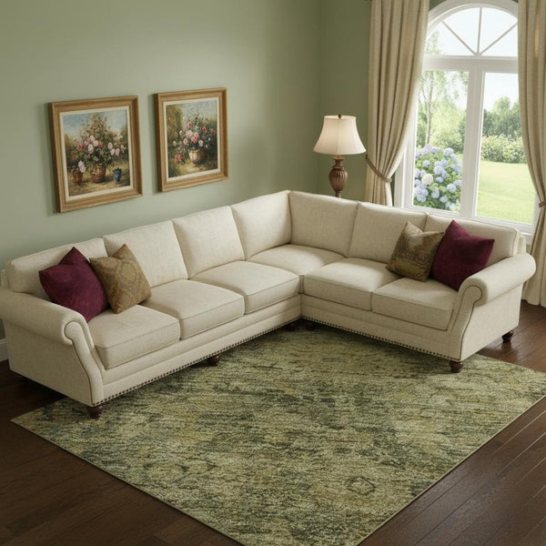HomeRoots 9' X 12' Elegant Green and Gold Oriental Area Rug – Stain Resistant, UV Protected, Easy Care Design 700942