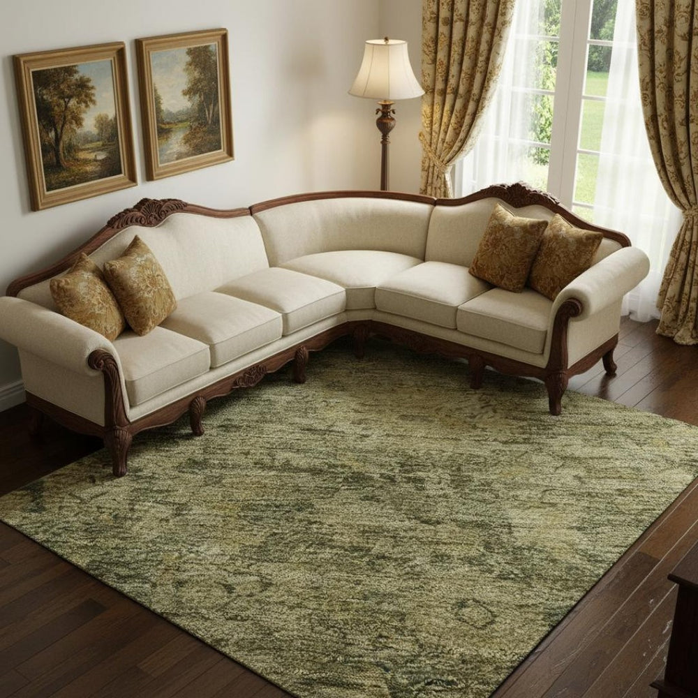 HomeRoots 10' X 14' Green and Gold Washable Oriental Area Rug with UV Protection for Stylish, Durable Living Spaces 700943