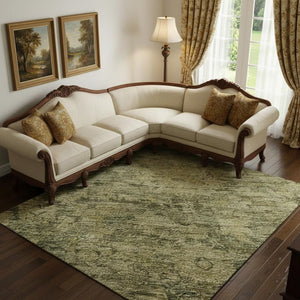 HomeRoots 10' X 14' Green and Gold Washable Oriental Area Rug with UV Protection for Stylish, Durable Living Spaces 700943