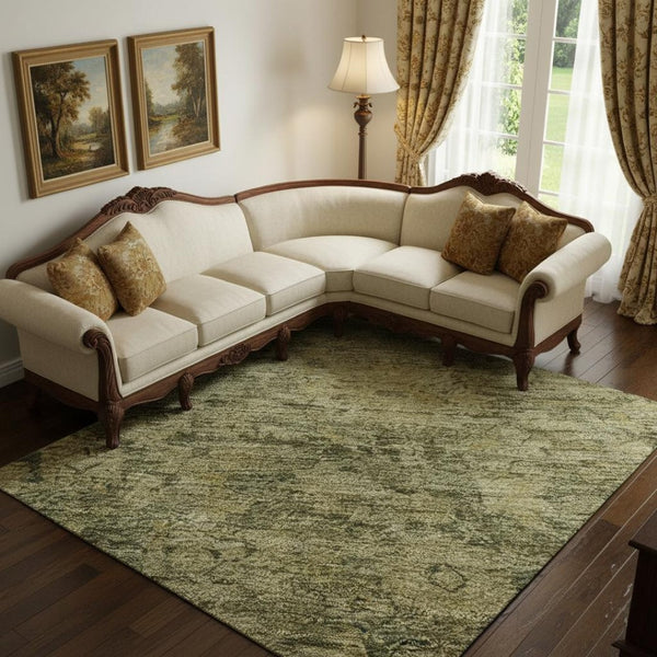 HomeRoots 10' X 14' Green and Gold Washable Oriental Area Rug with UV Protection for Stylish, Durable Living Spaces 700943