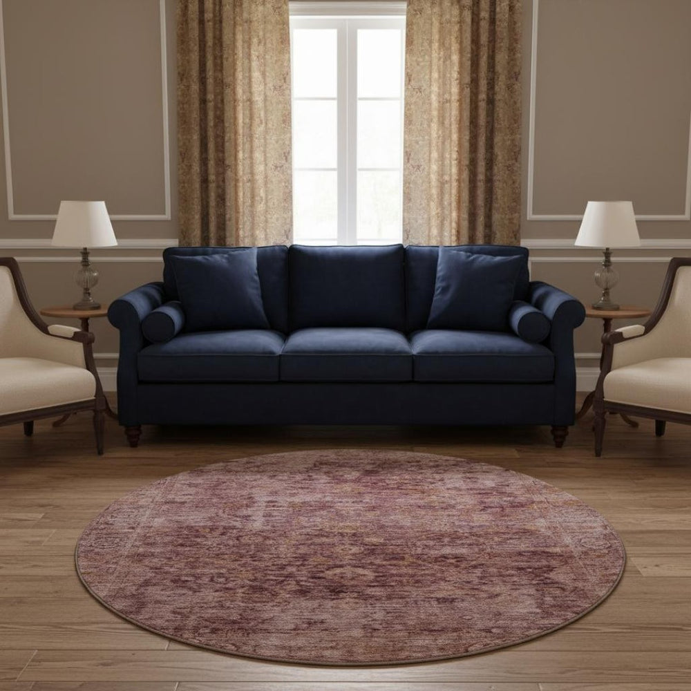 HomeRoots 8' Merlot and Pink Oriental Round Rug - Washable, UV Protected, Soft Polyester for Busy Homes 700946