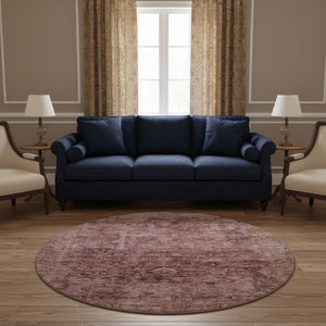 HomeRoots 8' Merlot and Pink Oriental Round Rug - Washable, UV Protected, Soft Polyester for Busy Homes 700946