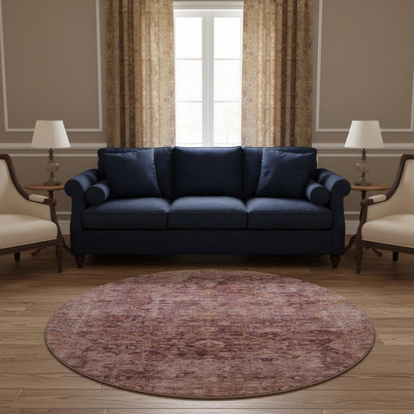 HomeRoots 8' Merlot and Pink Oriental Round Rug - Washable, UV Protected, Soft Polyester for Busy Homes 700946