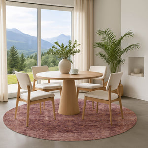 HomeRoots 8' Merlot and Pink Oriental Round Rug - Washable, UV Protected, Soft Polyester for Busy Homes 700946