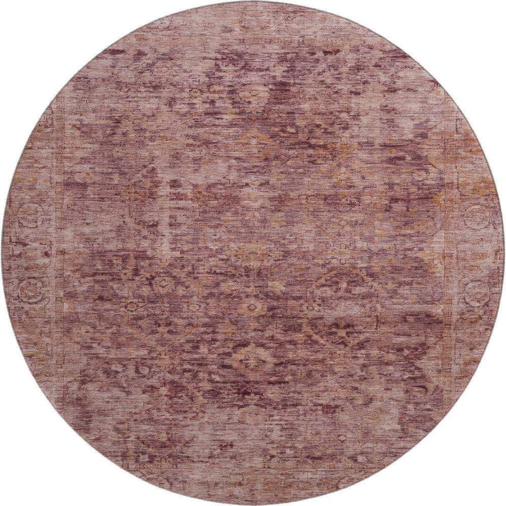 HomeRoots 8' Merlot and Pink Oriental Round Rug - Washable, UV Protected, Soft Polyester for Busy Homes 700946