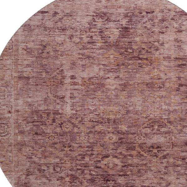 HomeRoots 8' Merlot and Pink Oriental Round Rug - Washable, UV Protected, Soft Polyester for Busy Homes 700946