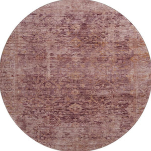 HomeRoots 8' Merlot and Pink Oriental Round Rug - Washable, UV Protected, Soft Polyester for Busy Homes 700946