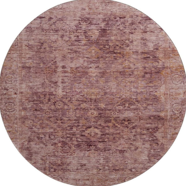 HomeRoots 8' Merlot and Pink Oriental Round Rug - Washable, UV Protected, Soft Polyester for Busy Homes 700946